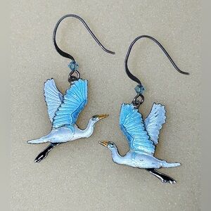 Great Egret Blue and White Cloisonné Bird Earrings